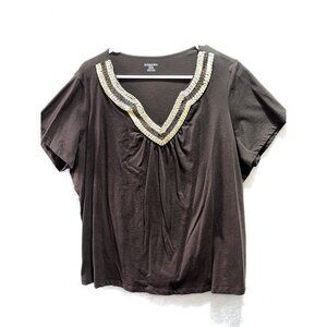 St. Johns Bay Womens Brown Top With Beaded V-Neck Size 3X Short Sleeve